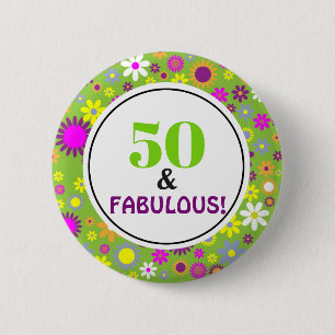 50 en  Floral van de Fabulous Birthday Ronde Button 5,7 Cm
