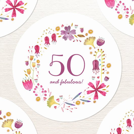 50 en Floral Wreath van de Waterverf van Fabulous Ronde Sticker