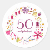 50 en Floral Wreath van de Waterverf van Fabulous Ronde Sticker (Voorkant)