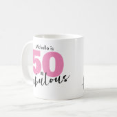 50 en geweldig 50th Birthday gift 50 roze Koffiemok (Voorkant links)