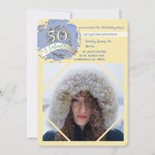  50 en geweldig! Foto/beige&blauwe verjaardag (Voorkant)