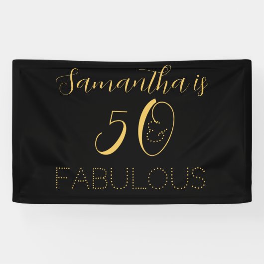 50 en geweldige naam Black Gold Birthday Party Spandoek (Horizontaal)