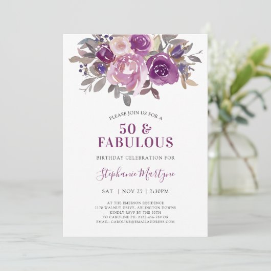 50 en Paarse bloementeelt van de Beusty Mauve Kaart (Staand voorkant)