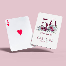 50 en prachtig rood bordeauxrood bloemstuk verjaar pokerkaarten