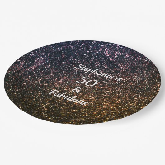 50 en verbluffend goudglitter (gouden gouden goude papieren bordje (Gekanteld)