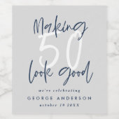 50 er goed laten uitzien blauw grijs verjaardagsfe wijn etiket (Enkel label)