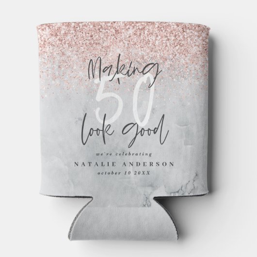 50 er goed uitzien roos goud en marmer verjaardag blikjeskoeler (Achterkant)