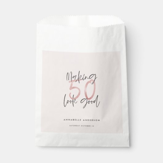 50 er goed uitzien, roze glitter verjaardag bedankzakje (Voorkant)