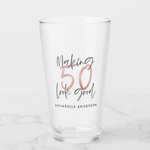 50 er goed uitzien, roze glitter verjaardag glas