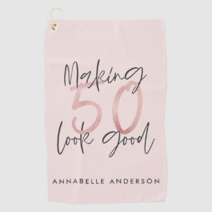 50 er goed uitzien, roze glitter verjaardag golfhanddoek
