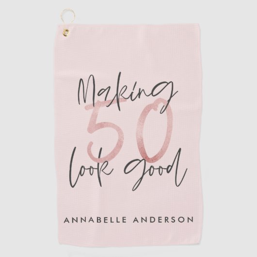 50 er goed uitzien, roze glitter verjaardag golfhanddoek (Voorkant)