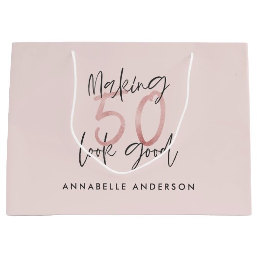 50 er goed uitzien, roze glitter verjaardag groot cadeauzakje (Voorkant)