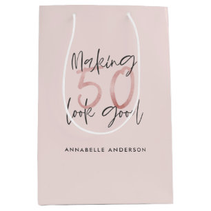 50 er goed uitzien, roze glitter verjaardag medium cadeauzakje