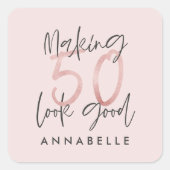 50 er goed uitzien, roze glitter verjaardag vierkante sticker (Voorkant)