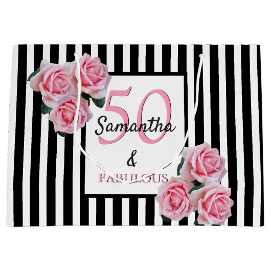 50 fabelroze floralen zwarte witte strepen groot cadeauzakje (Voorkant)