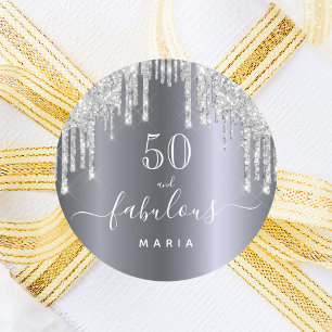 50 fabuleuze verjaardag glittersilver ronde sticker