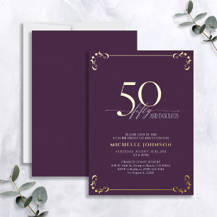 50 & Fabulos Geboren Purper & Goud Calligrafie Ver Folie Uitnodiging