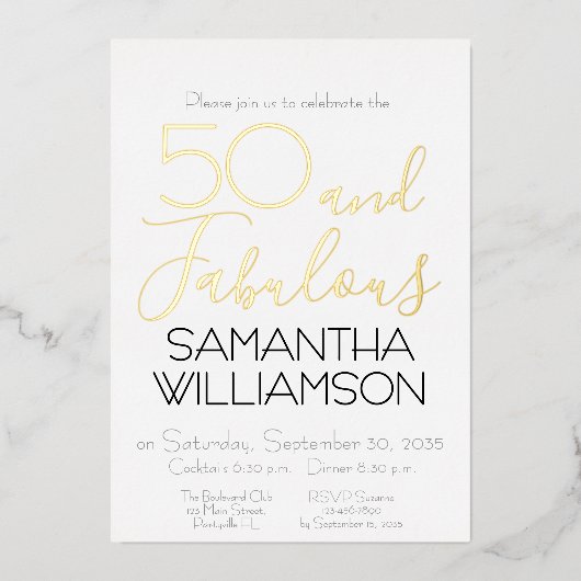 50 & Fabulous 50th Birthday Party Black Elegant Folie Uitnodiging (Voorkant)