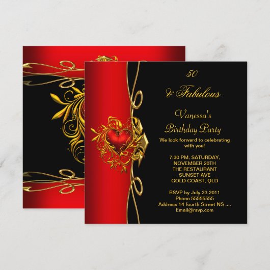 50 & Fabulous 50th Birthday Red Gold Hearts Kaart (Voorkant / Achterkant)