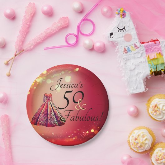 50 & Fabulous 50th Verjaardag Rood Goud Sparkle Papieren Bordje (Feest)