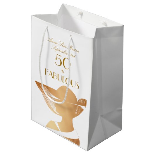 50 & Fabulous Art Deco Elegant Gold 50th Birthday Medium Cadeauzakje (Voorkant Gekanteld)