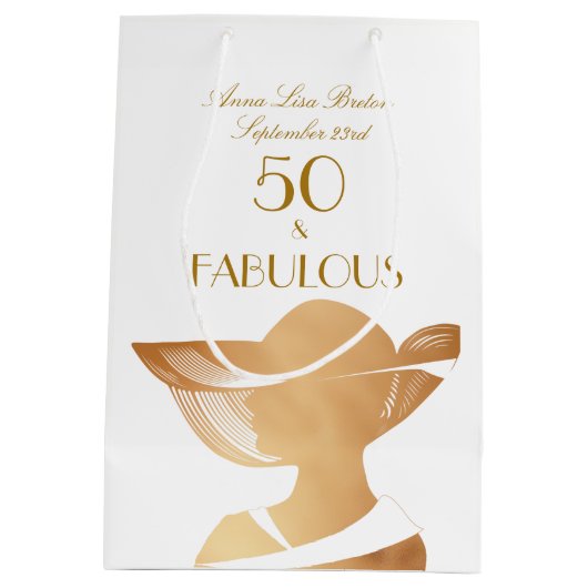50 & Fabulous Art Deco Elegant Gold 50th Birthday Medium Cadeauzakje (Achterkant)