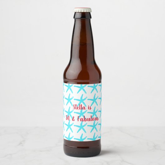 50 & Fabulous Birthday Blue Starfish Pattern Cute Bier Etiket (Voorkant)