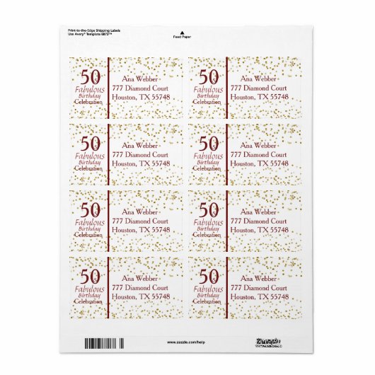50 & Fabulous Birthday Burgundy & Gold Etiket (Full Sheet)