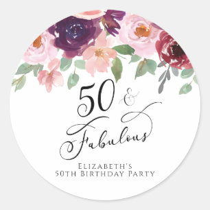 50 Fabulous Birthday Burgundy Pink Floral Ronde Sticker