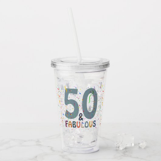 50 & Fabulous Birthday Confetti Blue Typografie Acryl Drinkbeker (Voorkant ijs)