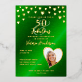 50 & Fabulous Birthday Elegant Green & Gold Folie Uitnodiging (Voorkant)