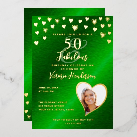 50 & Fabulous Birthday Elegant Green & Gold Folie Uitnodiging (Voorkant / Achterkant)