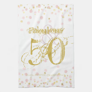 50 & Fabulous Birthday Elegant Pink & Gold Stippen Theedoek