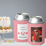 50 & Fabulous Birthday Foto 50th Party Pink White Blikjeskoeler<br><div class="desc">Personaliseer dit 50ste verjaardagsfeestproduct. Met en zonder stippen. Vier dat hij of zij 50 wordt en fantastisch is. Dit typografische thema en een kleurrijke hartballon. Een modern,  leuk en elegant ontwerp. Het lettertype van de scriptstijl en de kleuren kunnen worden gewijzigd wanneer u verder aanpast.</div>
