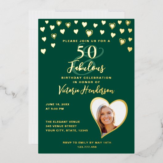50 & Fabulous Birthday Foto Emerald Green & Gold Folie Uitnodiging (Envelop)