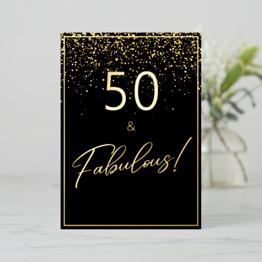 50 Fabulous Birthday Glitter Foto Zwart en Goud Folie Uitnodiging (Staand Voorkant)