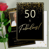 50 Fabulous Birthday Glitter Foto Zwart en Goud Folie Uitnodiging