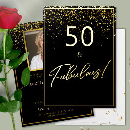 50 Fabulous Birthday Glitter Foto Zwart en Goud Folie Uitnodiging