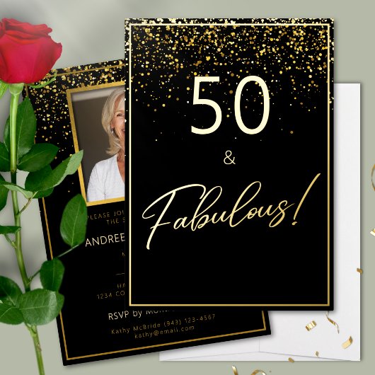 50 Fabulous Birthday Glitter Foto Zwart en Goud Folie Uitnodiging