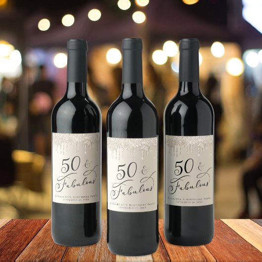 50 Fabulous Birthday Gold Glitter, op maat gesnede Wijn Etiket