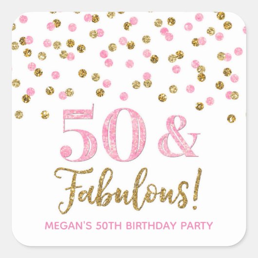 50 & Fabulous Birthday Light Pink Gold Confetti Vierkante Sticker (Voorkant)