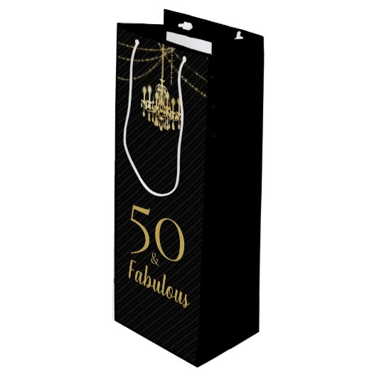 50 & Fabulous Birthday Party Golden Chandelier Wijn Cadeautas (Voorkant Gekanteld)