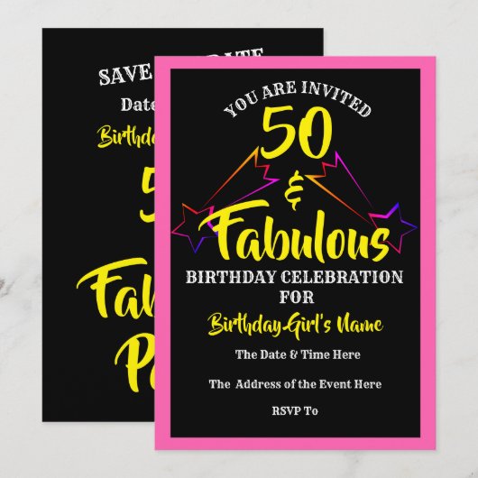 50 & Fabulous Birthday Party Invitation - Save The Date (Voorkant / Achterkant)