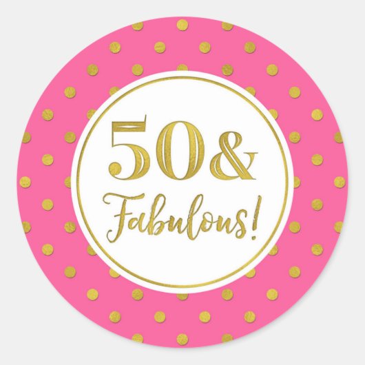 50 & Fabulous Birthday Pink White Gold Stippen Cla Ronde Sticker (Voorkant)
