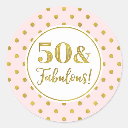 50 & Fabulous Birthday Pink White Gold Stippen Cla Ronde Sticker (Voorkant)