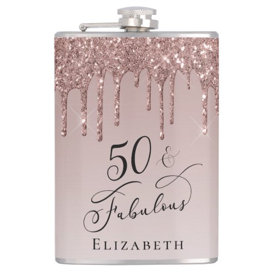 50 Fabulous Birthday Roos Gold Glitter Heupfles (Voorkant)