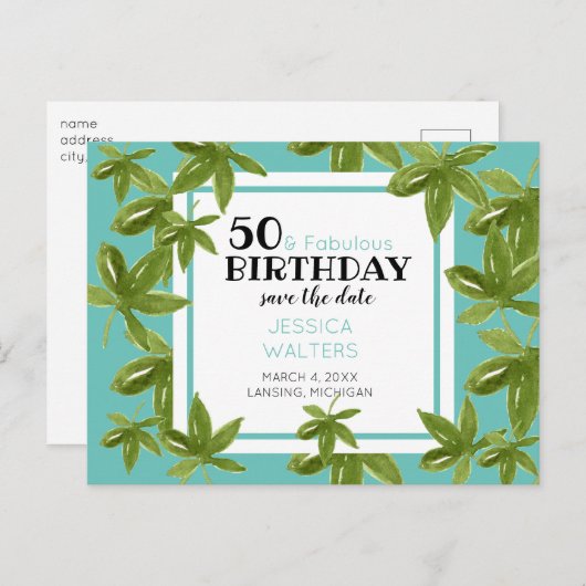 50 & Fabulous Birthday Tropical Bewaar de datum Uitnodiging Briefkaart (Voorkant / Achterkant)