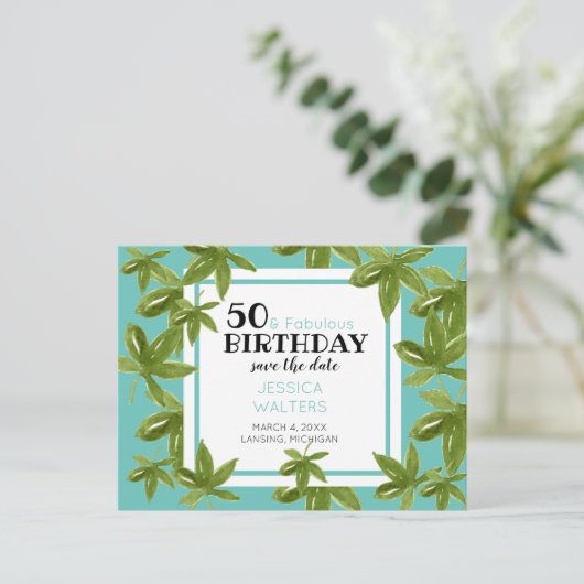 50 & Fabulous Birthday Tropical Bewaar de datum Uitnodiging Briefkaart (Staand voorkant)