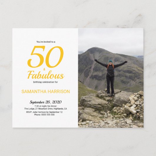 50 & Fabulous Birthday Yellow Black Photo Briefkaa Uitnodiging Briefkaart (Voorkant)