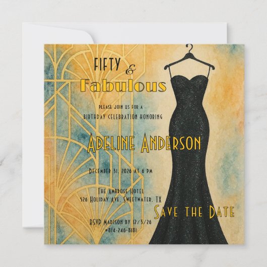 50 Fabulous Black Gold Art Deco Save The Date Card (Voorkant)